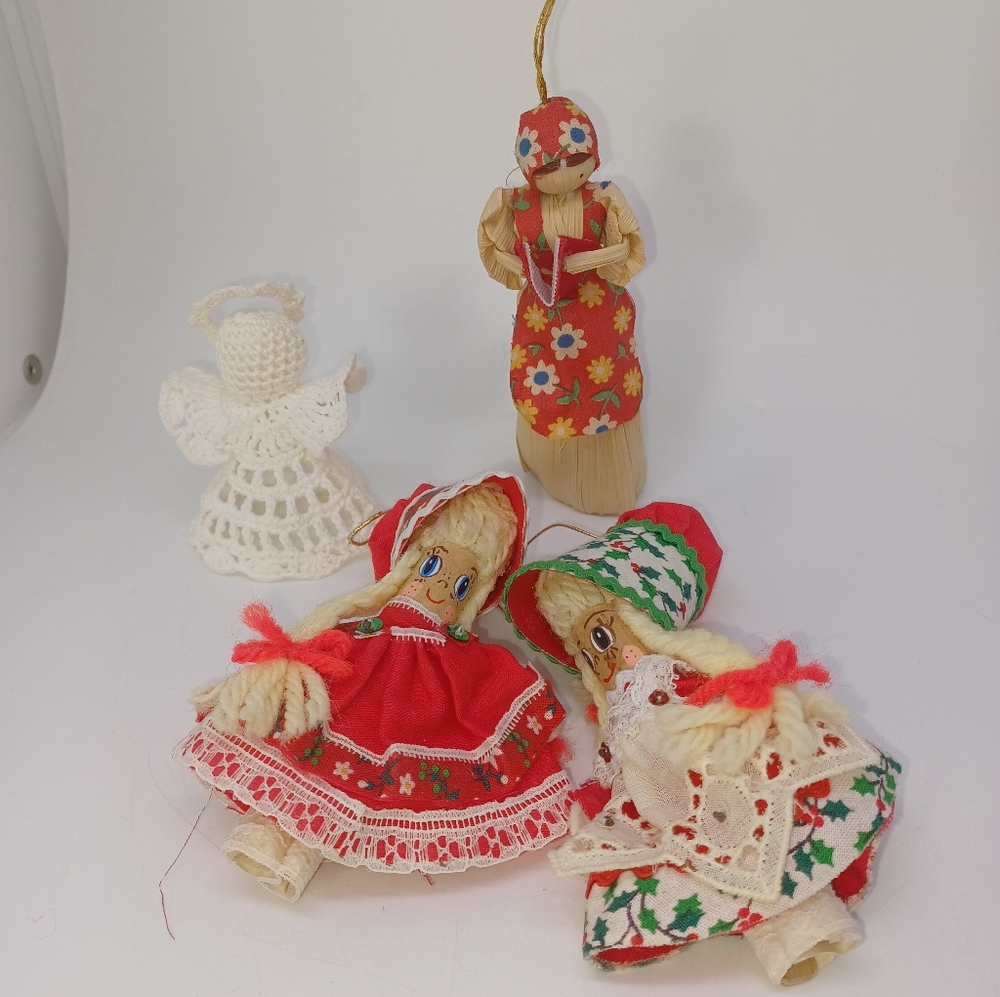 Vintage 4 pc Handmade Christmas Ornaments, Holly Hobbie, corn husk doll, crochet